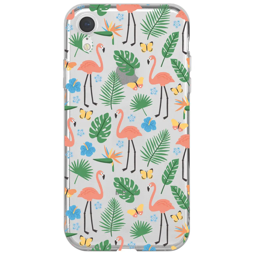 Apple iPhone XR Şeffaf Telefon Kılıfı - Tropik Flamingo
