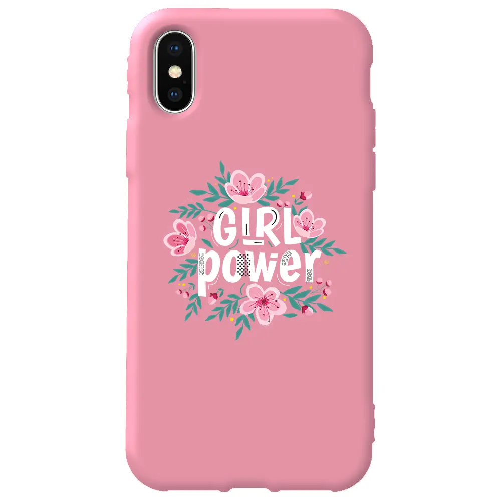Apple iPhone XS Max Pembe Renkli Silikon Telefon Kılıfı - Çiçekli Girl Power