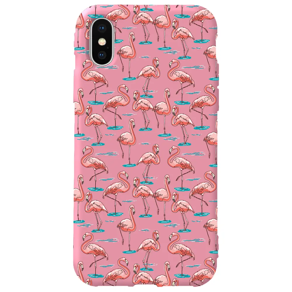 Apple iPhone XS Max Pembe Renkli Silikon Telefon Kılıfı - Flamingolar