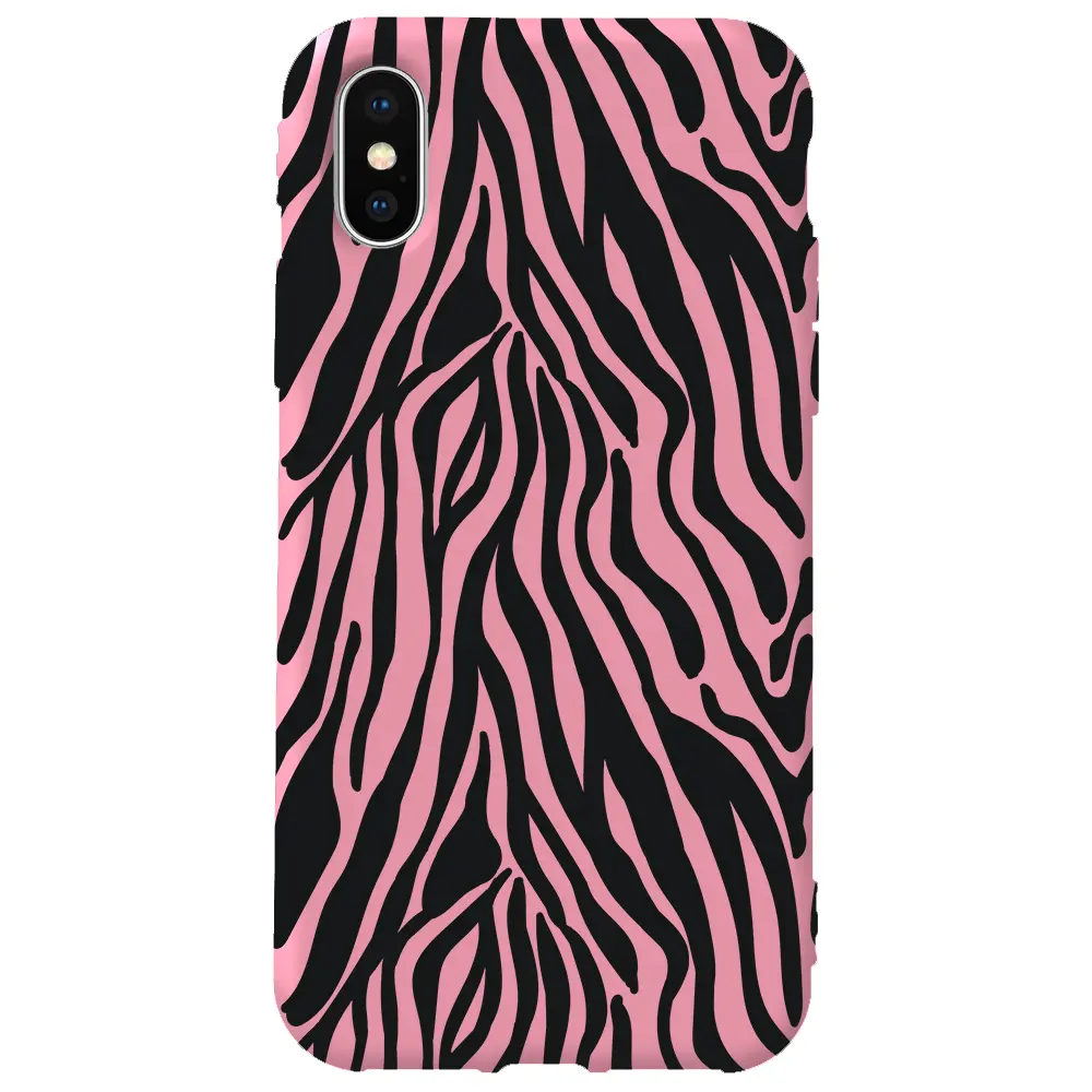 Apple iPhone XS Max Pembe Renkli Silikon Telefon Kılıfı - Siyah Zebra Desenleri