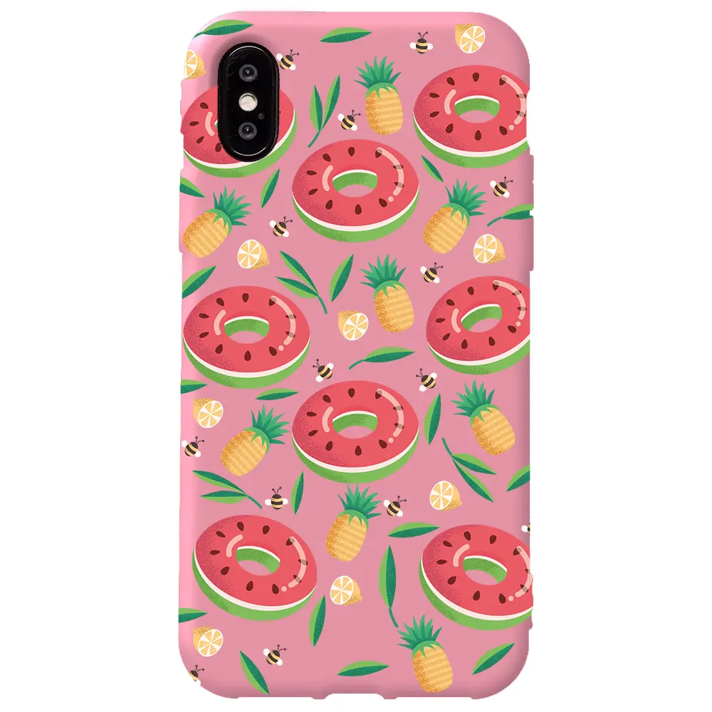 Apple iPhone XS Pembe Renkli Silikon Telefon Kılıfı - Ananas Donut