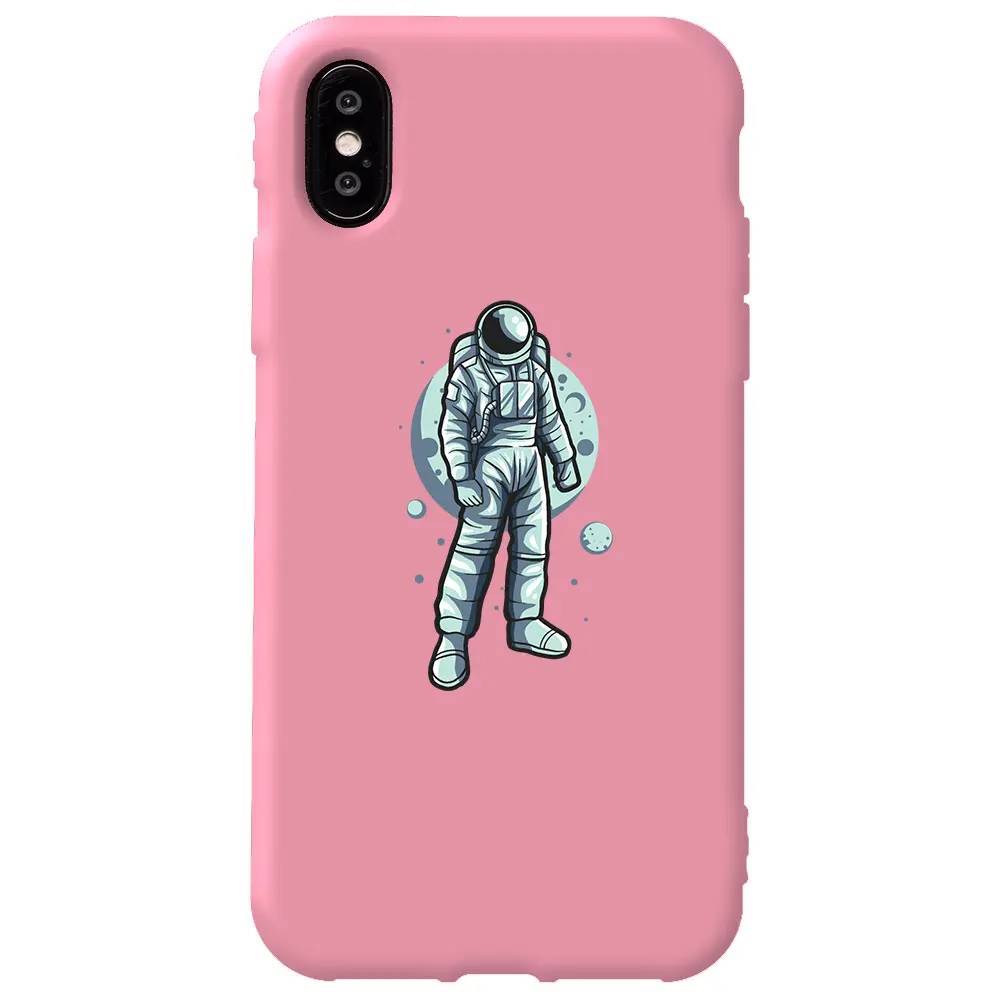 Apple iPhone XS Pembe Renkli Silikon Telefon Kılıfı - Astronot