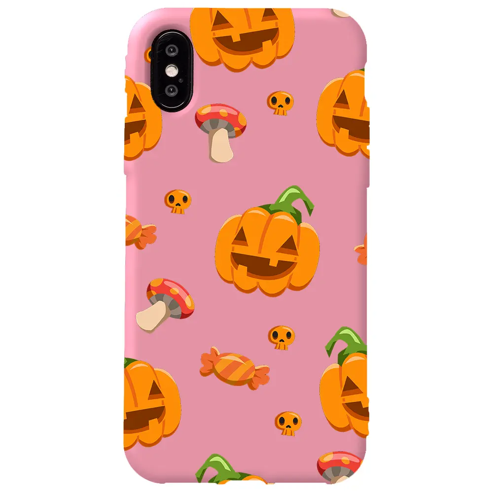 Apple iPhone XS Pembe Renkli Silikon Telefon Kılıfı - Deadly Pumpkin