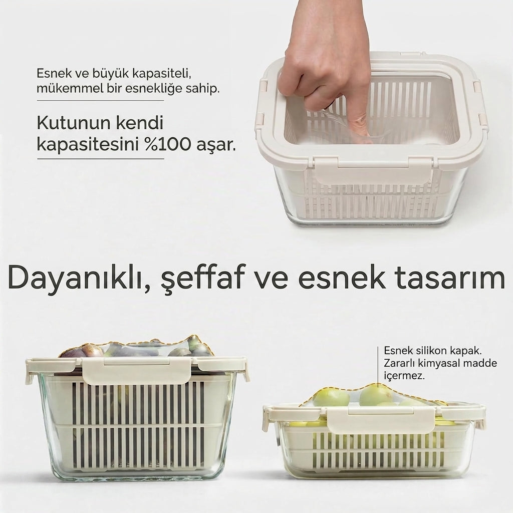 FreshKeep – Süzgeçli Cam Meyve & Sebze Saklama Kabı