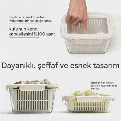 FreshKeep – Süzgeçli Cam Meyve & Sebze Saklama Kabı
