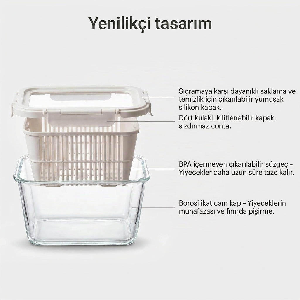 FreshKeep – Süzgeçli Cam Meyve & Sebze Saklama Kabı