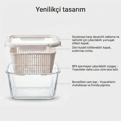 FreshKeep – Süzgeçli Cam Meyve & Sebze Saklama Kabı