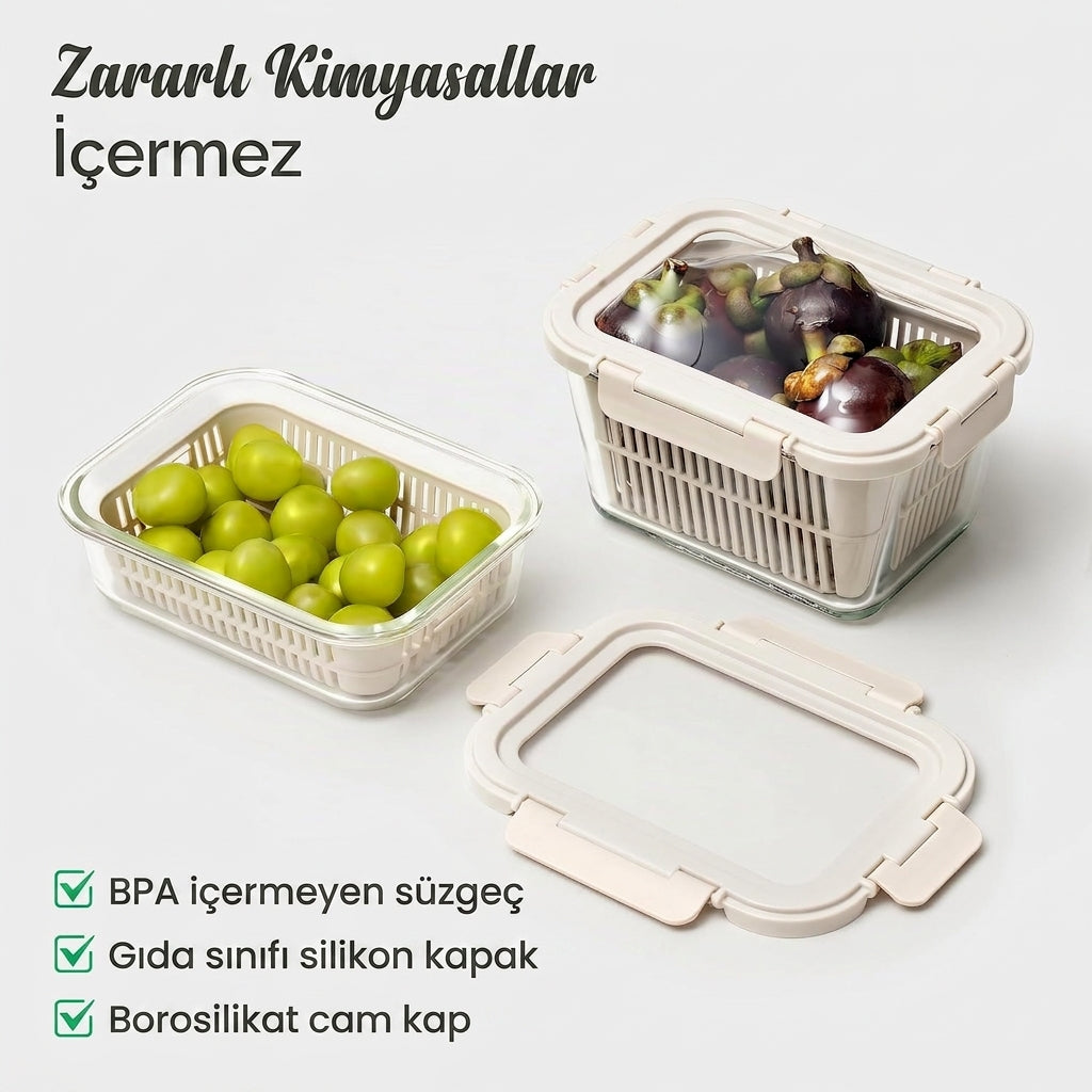 FreshKeep – Süzgeçli Cam Meyve & Sebze Saklama Kabı