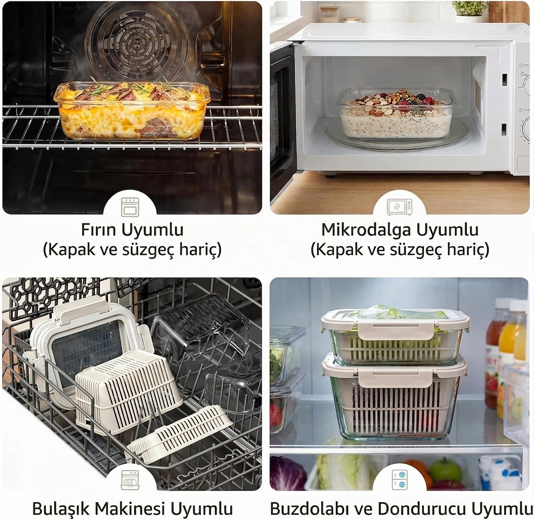 FreshKeep – Süzgeçli Cam Meyve & Sebze Saklama Kabı