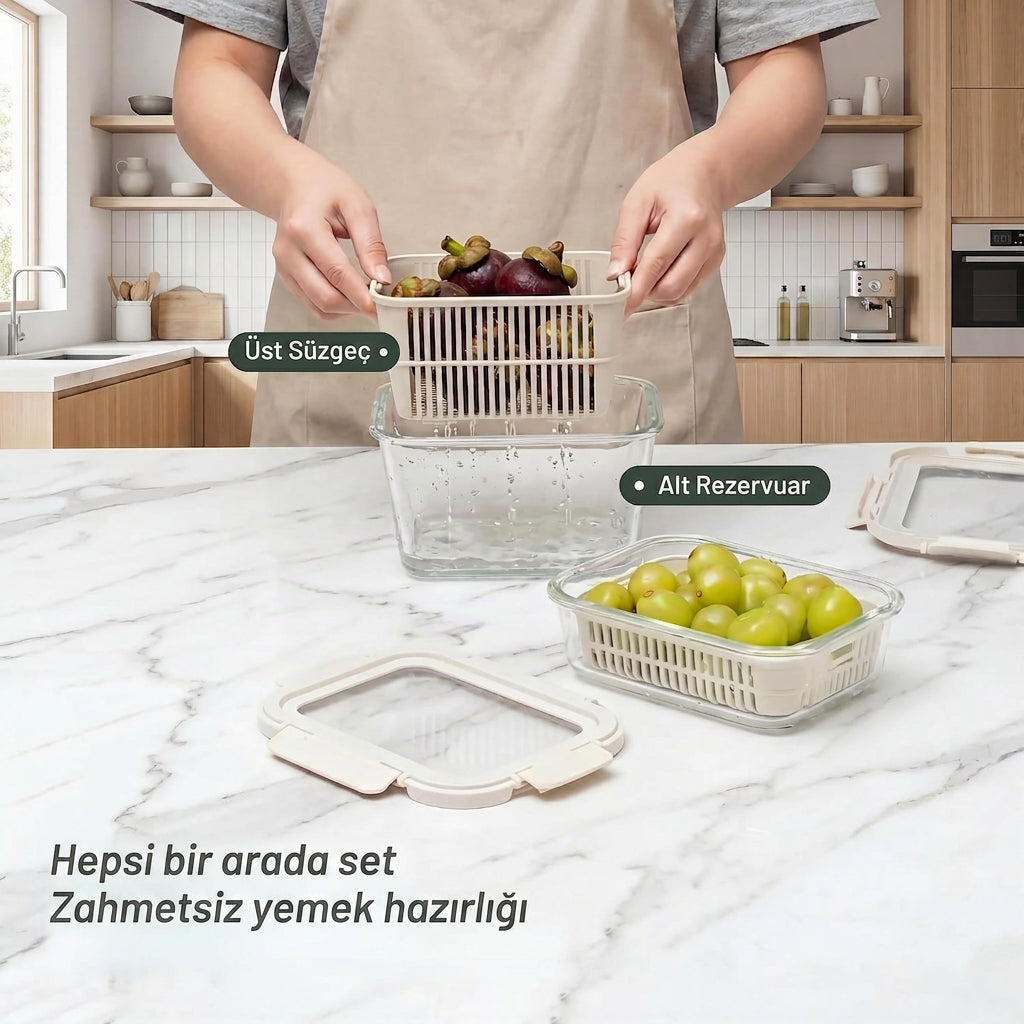FreshKeep – Süzgeçli Cam Meyve & Sebze Saklama Kabı